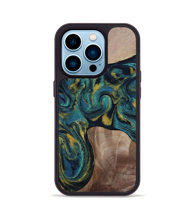 iPhone 14 Pro Wood Phone Case - Keon (Teal & Gold, 817717)