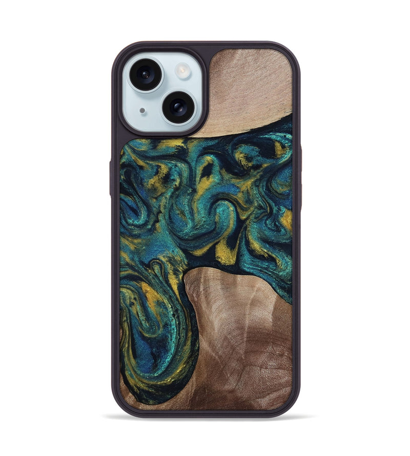 iPhone 15 Wood Phone Case - Keon (Teal & Gold, 817717)