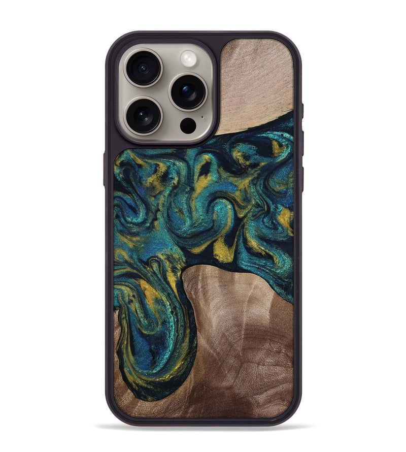 iPhone 15 Pro Max Wood Phone Case - Keon (Teal & Gold, 817717)