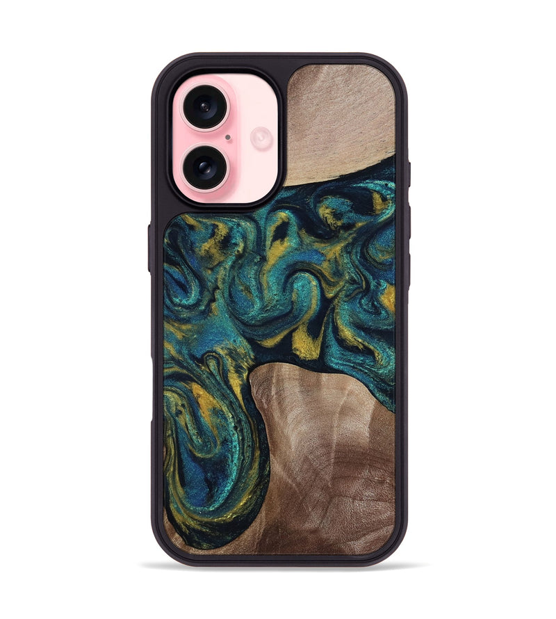 iPhone 16 Wood Phone Case - Keon (Teal & Gold, 817717)
