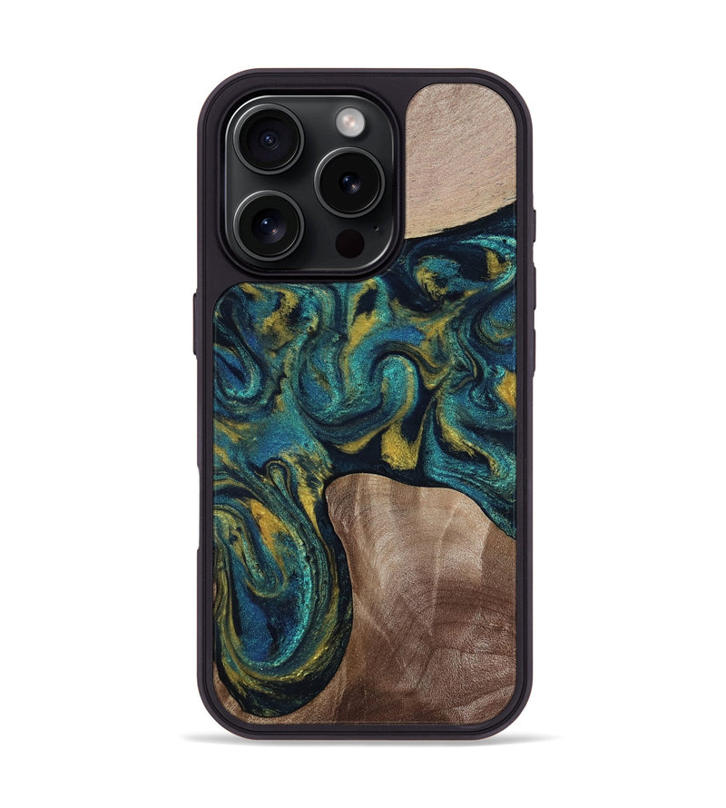iPhone 16 Pro Wood Phone Case - Keon (Teal & Gold, 817717)