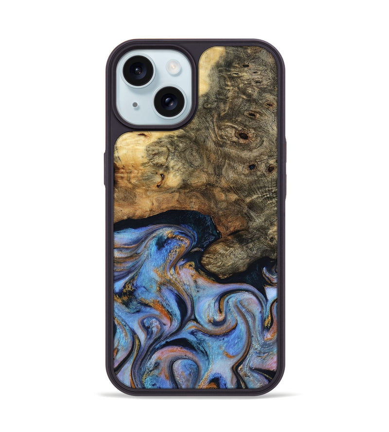 iPhone 15 Wood Phone Case - Mylah (Teal & Gold, 817718)