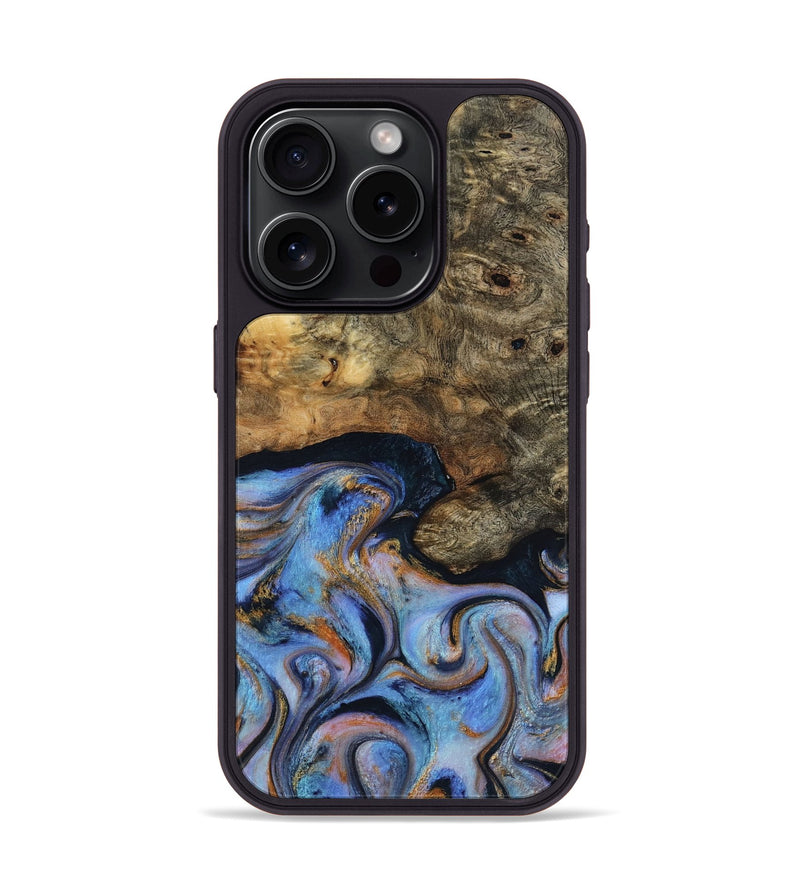 iPhone 15 Pro Wood Phone Case - Mylah (Teal & Gold, 817718)