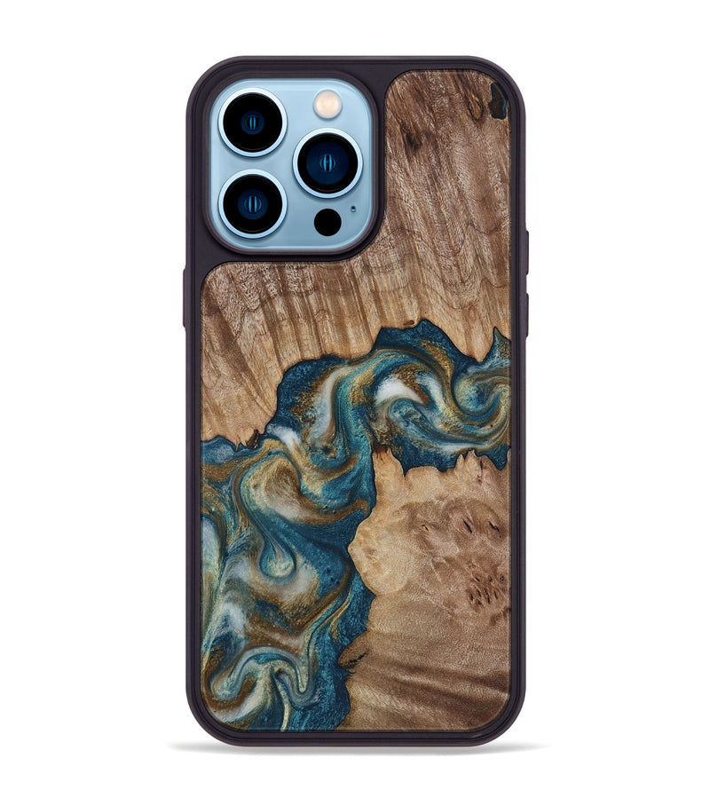 iPhone 14 Pro Max Wood Phone Case - Hobson (Teal & Gold, 817719)