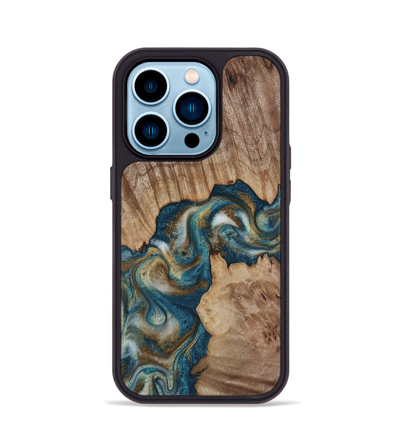 iPhone 14 Pro Wood Phone Case - Hobson (Teal & Gold, 817719)