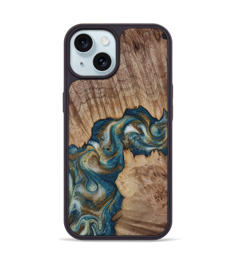 iPhone 15 Wood Phone Case - Hobson (Teal & Gold, 817719)