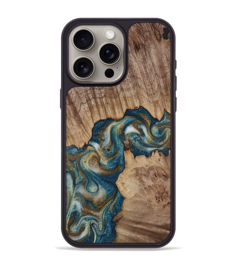 iPhone 15 Pro Max Wood Phone Case - Hobson (Teal & Gold, 817719)