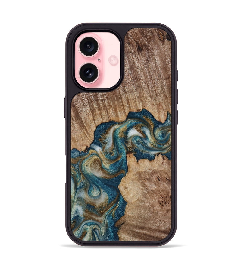 iPhone 16 Wood Phone Case - Hobson (Teal & Gold, 817719)