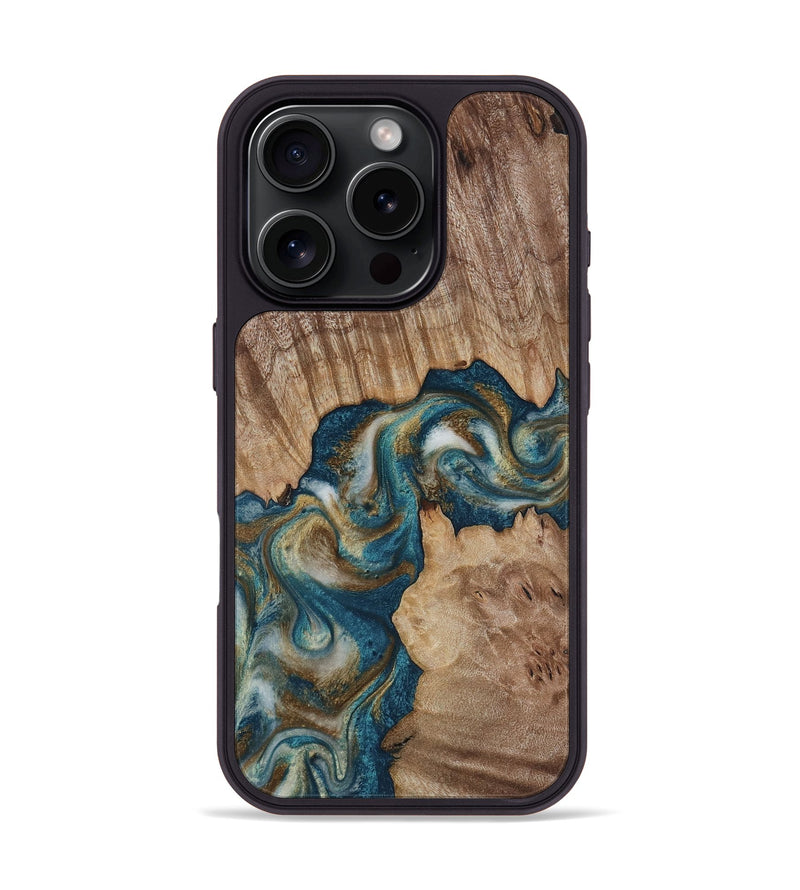 iPhone 16 Pro Wood Phone Case - Hobson (Teal & Gold, 817719)