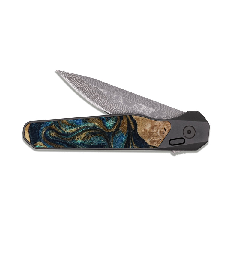 EDC Dark Damascus Wood Pocket Knife - Nalani (Teal & Gold, 817720)