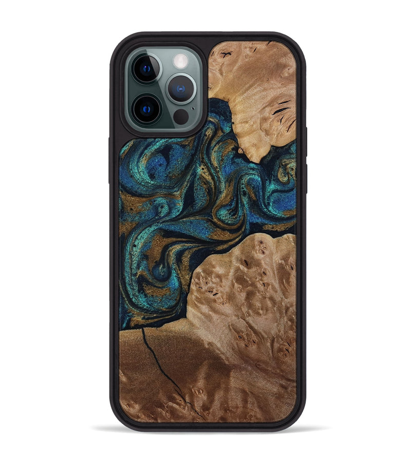 iPhone 12 Pro Max Wood Phone Case - Nalani (Teal & Gold, 817720)