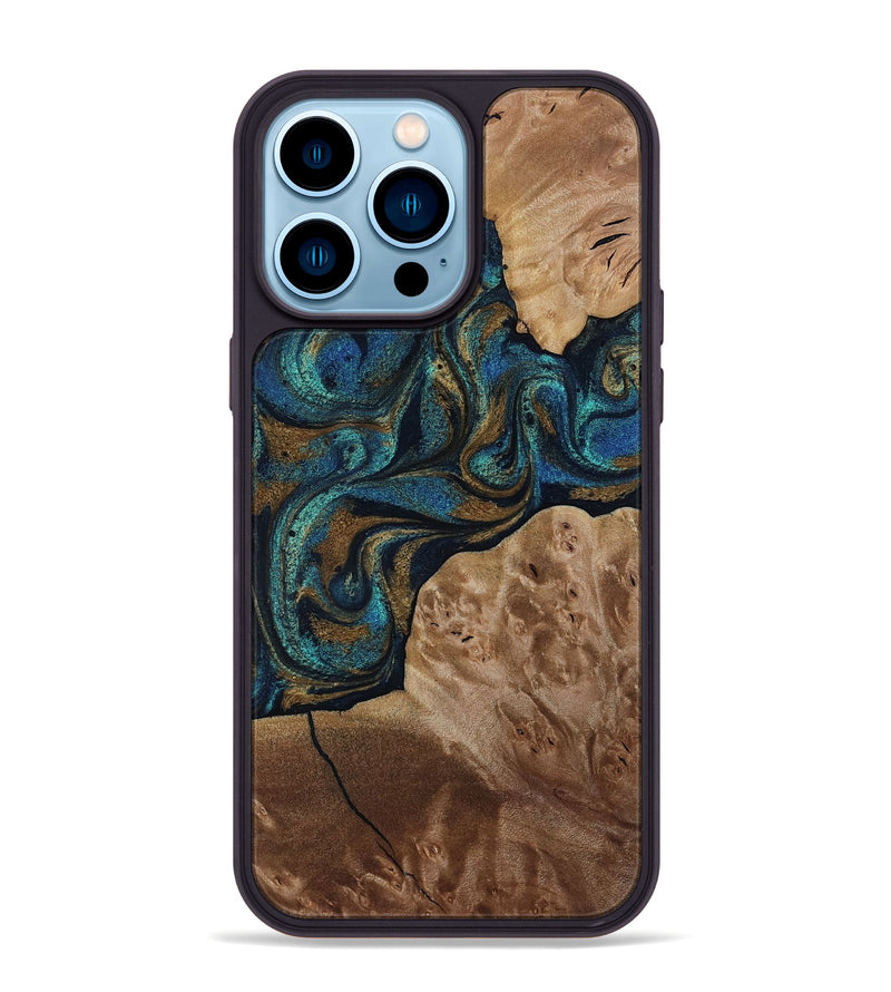 iPhone 14 Pro Max Wood Phone Case - Nalani (Teal & Gold, 817720)