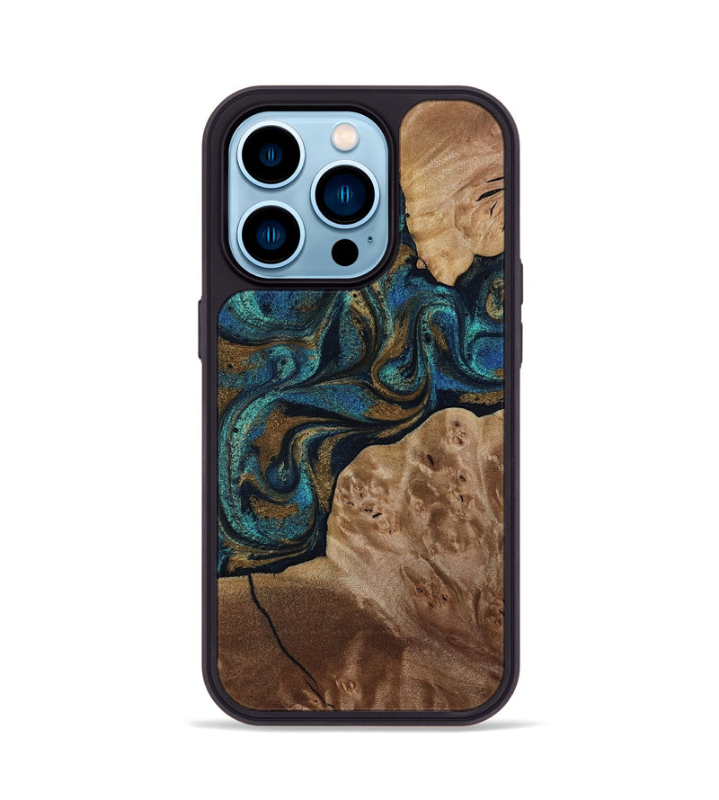 iPhone 14 Pro Wood Phone Case - Nalani (Teal & Gold, 817720)