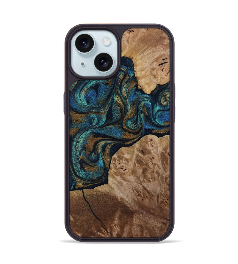 iPhone 15 Wood Phone Case - Nalani (Teal & Gold, 817720)