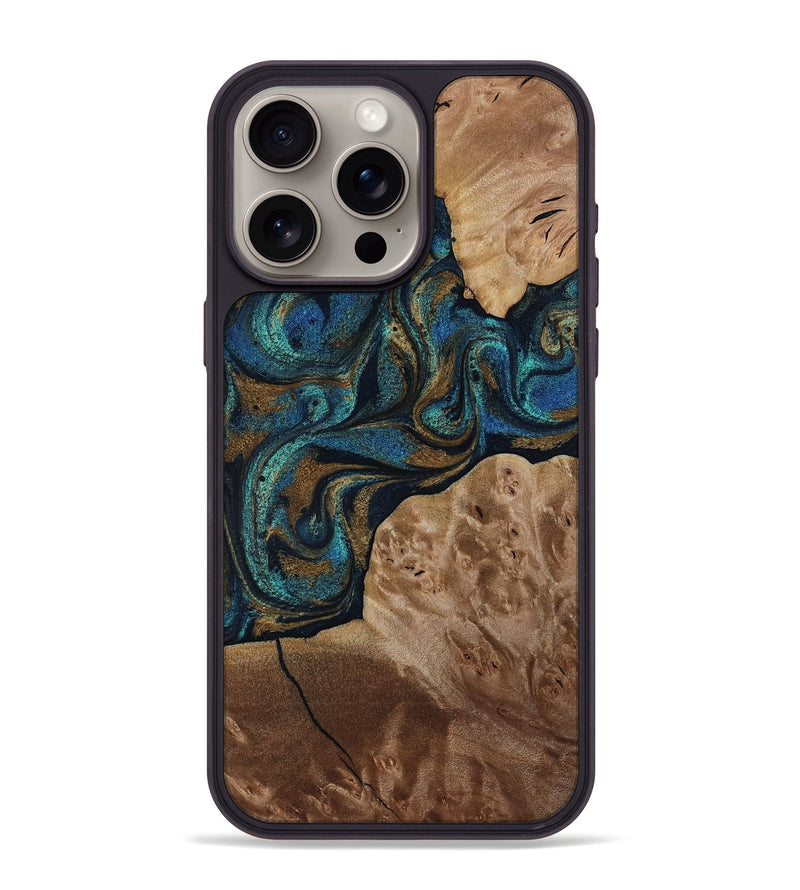 iPhone 15 Pro Max Wood Phone Case - Nalani (Teal & Gold, 817720)