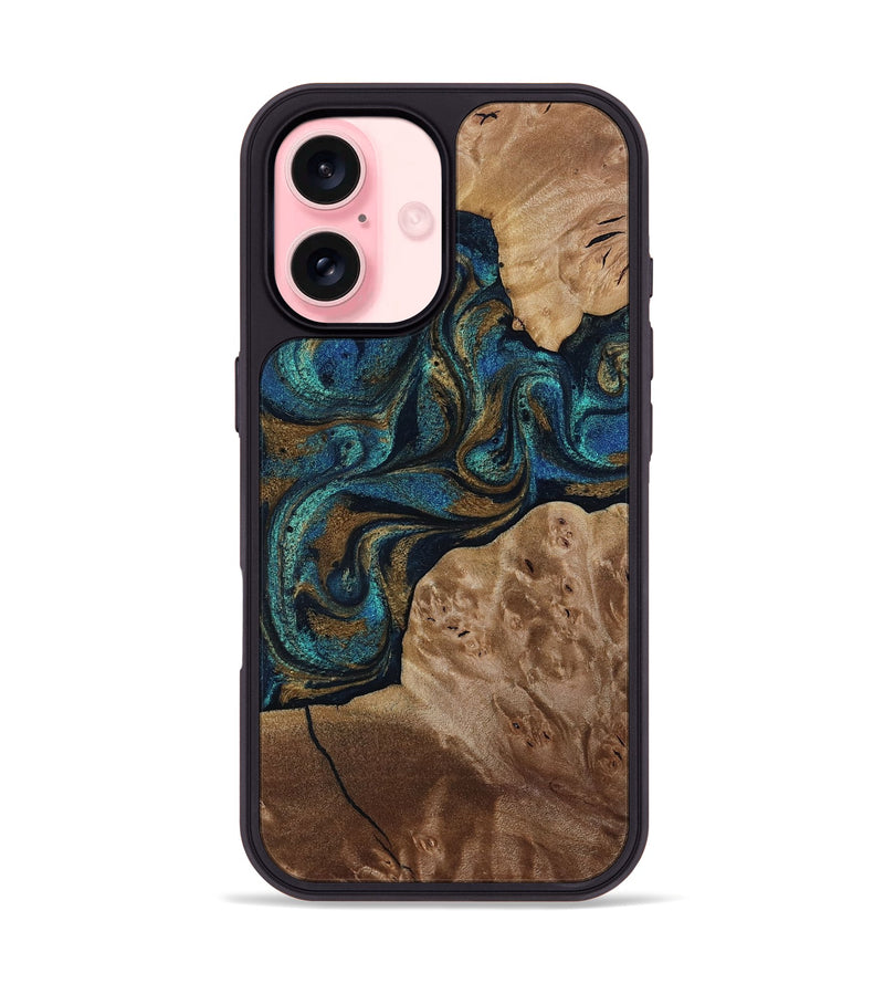iPhone 16 Wood Phone Case - Nalani (Teal & Gold, 817720)