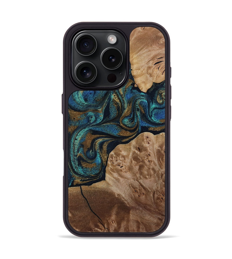 iPhone 16 Pro Wood Phone Case - Nalani (Teal & Gold, 817720)