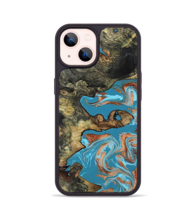 iPhone 14 Wood Phone Case - Luna (Teal & Gold, 817722)