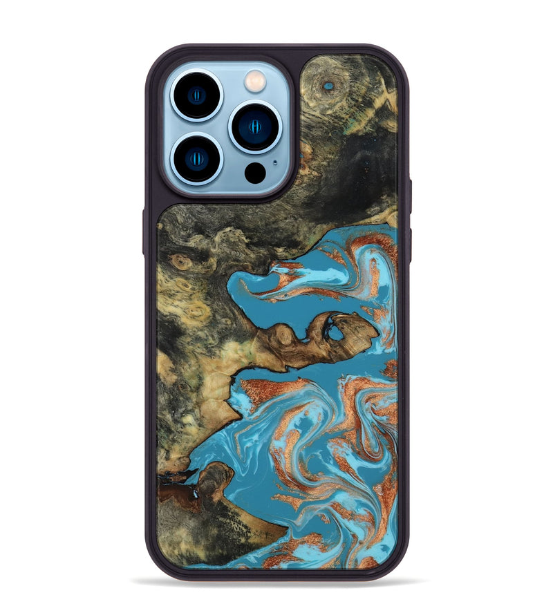 iPhone 14 Pro Max Wood Phone Case - Luna (Teal & Gold, 817722)