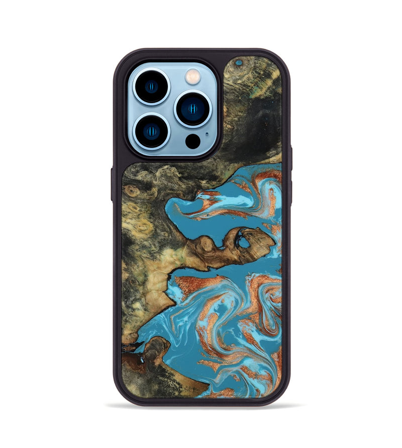 iPhone 14 Pro Wood Phone Case - Luna (Teal & Gold, 817722)