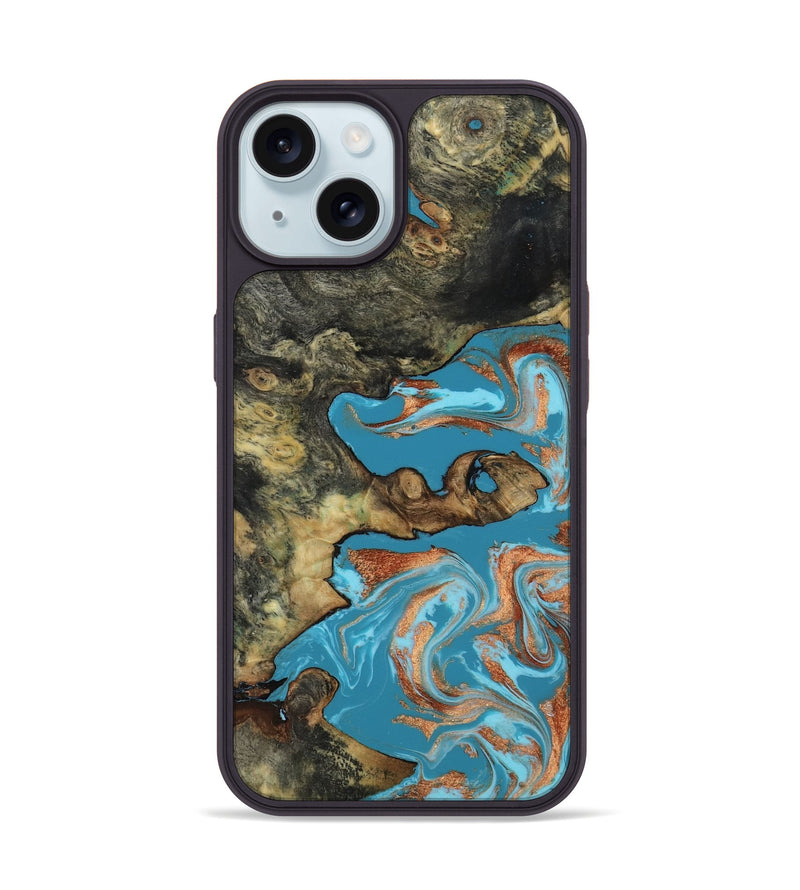 iPhone 15 Wood Phone Case - Luna (Teal & Gold, 817722)