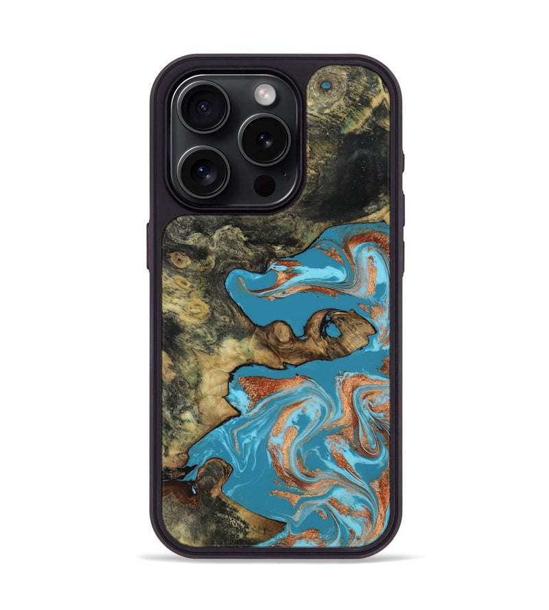 iPhone 15 Pro Wood Phone Case - Luna (Teal & Gold, 817722)