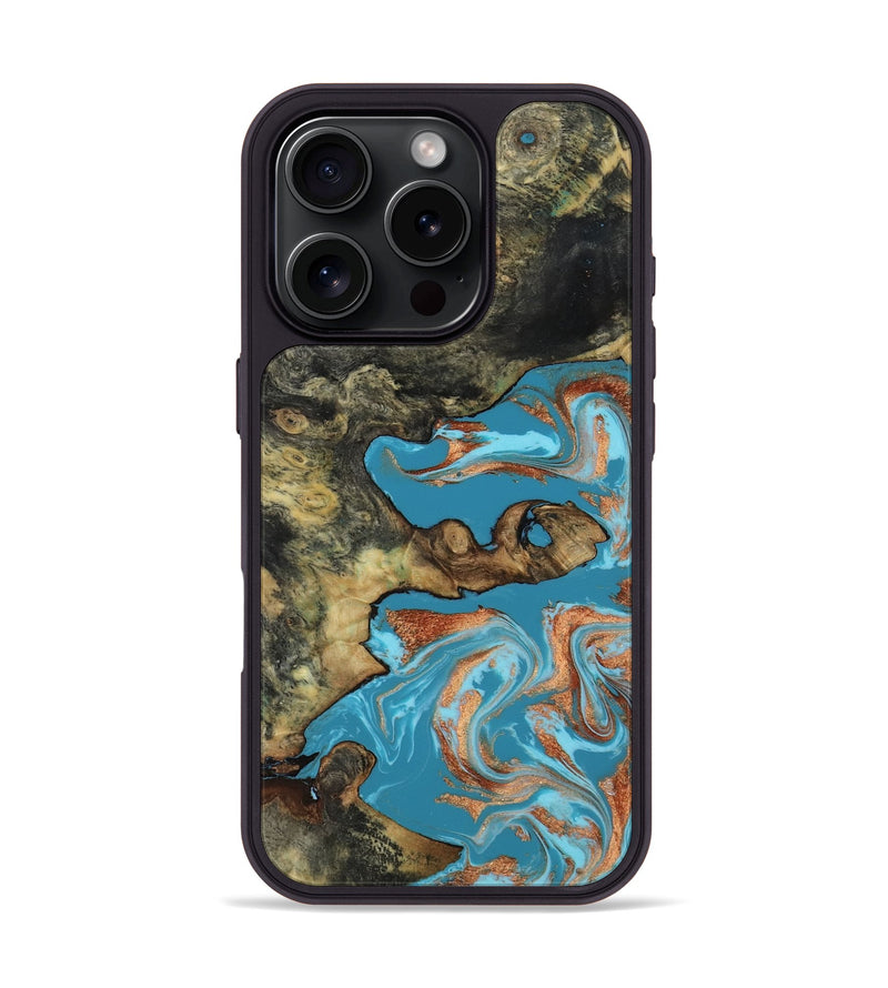 iPhone 16 Pro Wood Phone Case - Luna (Teal & Gold, 817722)