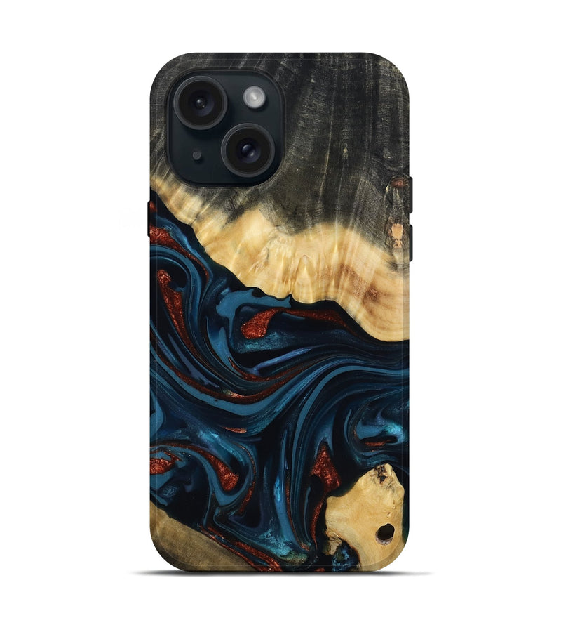 iPhone 15 Wood Live Edge Phone Case - Nina (Teal & Gold, 817839)