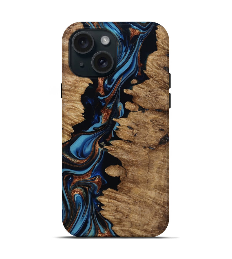 iPhone 15 Wood Live Edge Phone Case - Kaye (Teal & Gold, 817881)