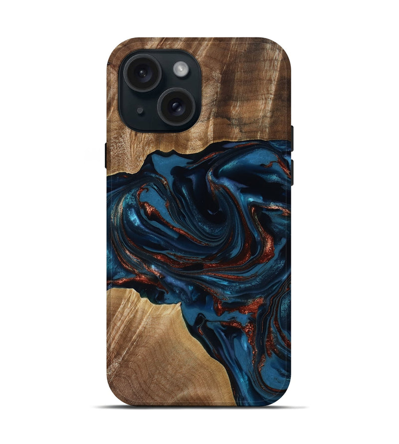 iPhone 15 Wood Live Edge Phone Case - Nolan (Teal & Gold, 817882)