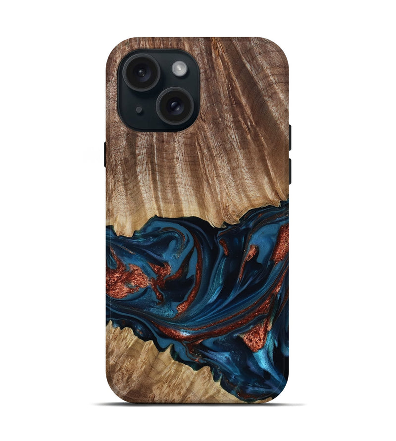 iPhone 15 Wood Live Edge Phone Case - Alissa (Teal & Gold, 817892)