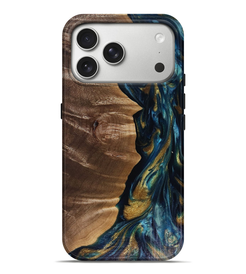 iPhone 17 Pro Max Wood Live Edge Phone Case - Anya (Teal & Gold, 817908)