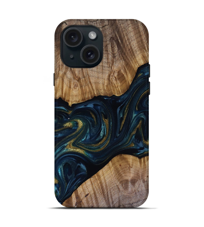 iPhone 15 Wood Live Edge Phone Case - Keyla (Teal & Gold, 817910)