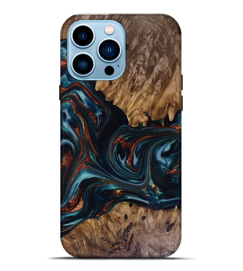 iPhone 14 Pro Max Wood Live Edge Phone Case - Marsha (Teal & Gold, 817914)