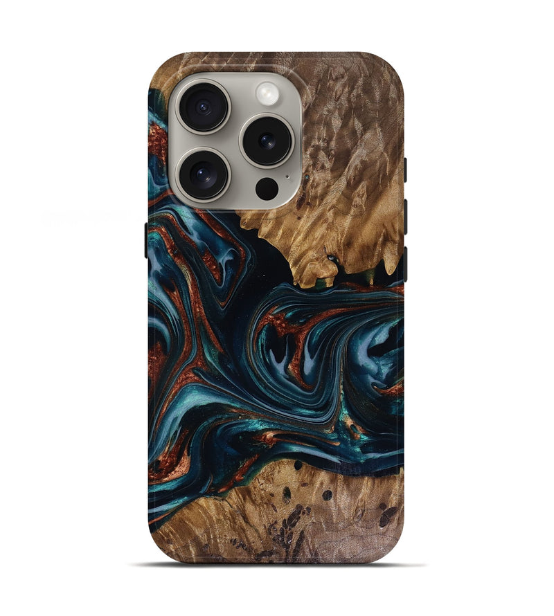 iPhone 16 Pro Wood Live Edge Phone Case - Marsha (Teal & Gold, 817914)