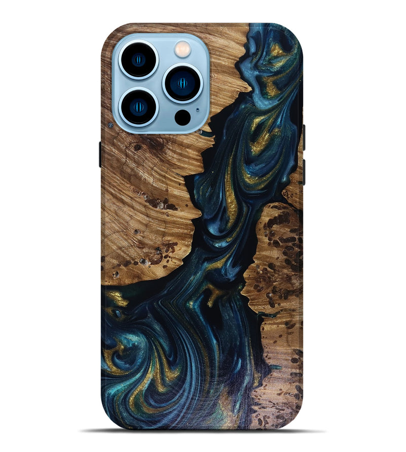 iPhone 14 Pro Max Wood Live Edge Phone Case - Tiera (Teal & Gold, 817917)