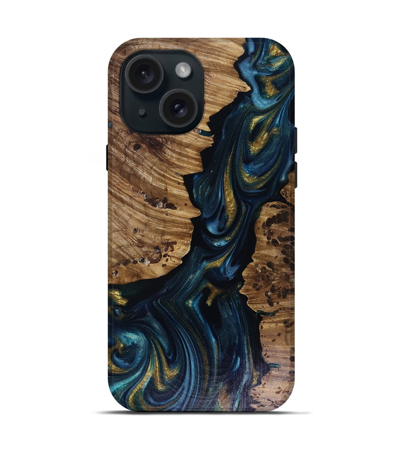iPhone 15 Wood Live Edge Phone Case - Tiera (Teal & Gold, 817917)