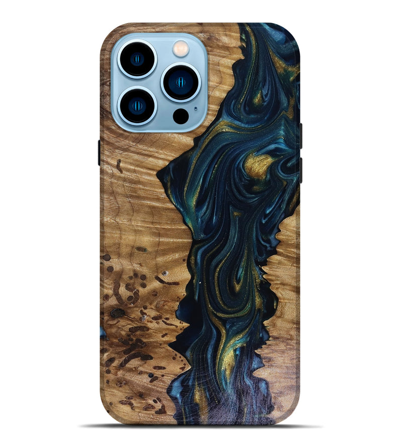 iPhone 14 Pro Max Wood Live Edge Phone Case - Odie (Teal & Gold, 817918)