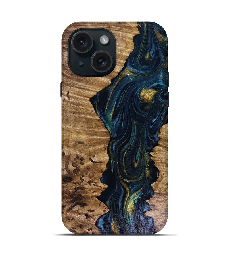 iPhone 15 Wood Live Edge Phone Case - Odie (Teal & Gold, 817918)