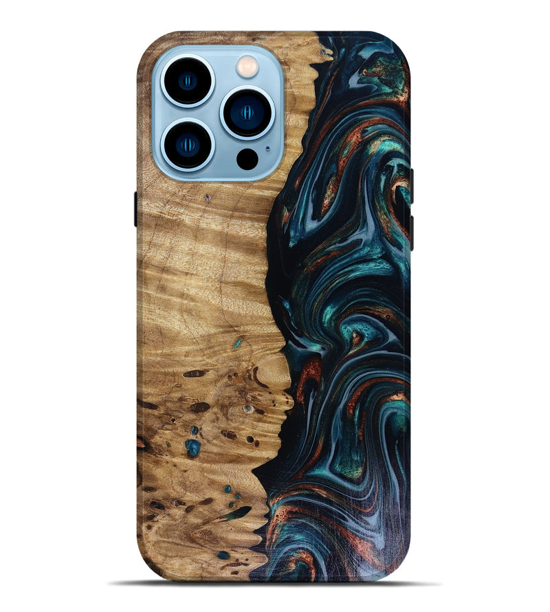 iPhone 14 Pro Max Wood Live Edge Phone Case - Leilany (Teal & Gold, 817921)