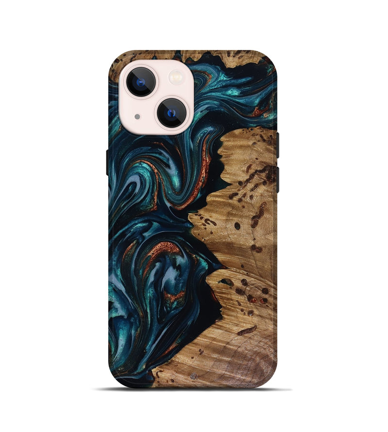 iPhone 13 mini Wood Live Edge Phone Case - Latrell (Teal & Gold, 817931)