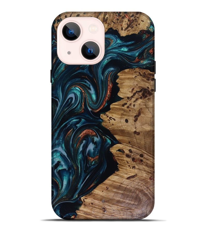 iPhone 14 Plus Wood Live Edge Phone Case - Latrell (Teal & Gold, 817931)