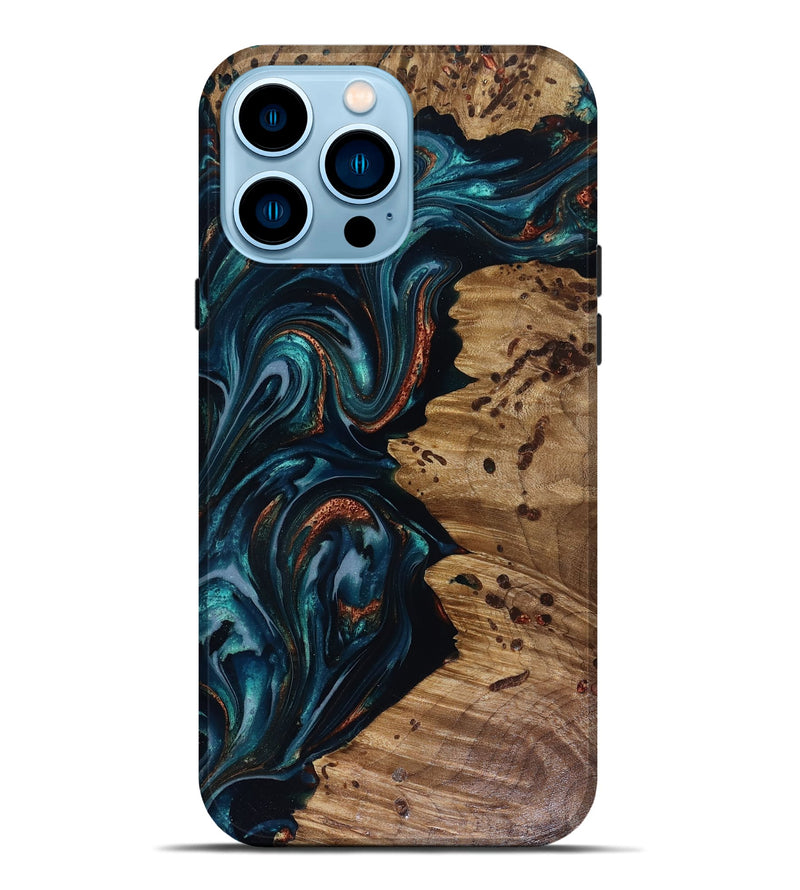 iPhone 14 Pro Max Wood Live Edge Phone Case - Latrell (Teal & Gold, 817931)