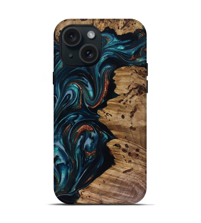iPhone 15 Wood Live Edge Phone Case - Latrell (Teal & Gold, 817931)