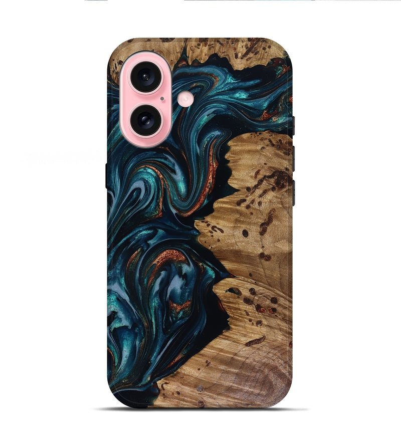 iPhone 16 Wood Live Edge Phone Case - Latrell (Teal & Gold, 817931)