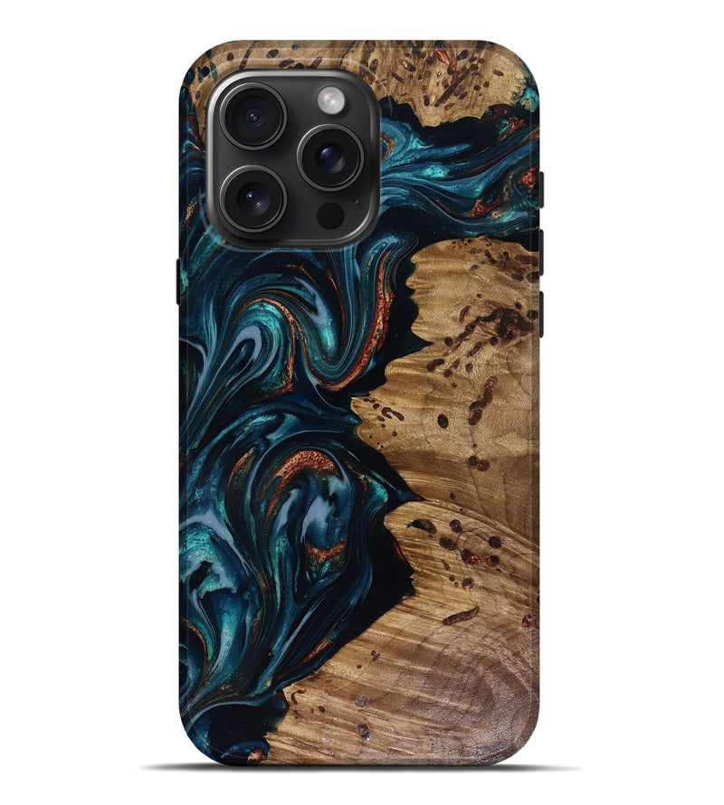 iPhone 16 Pro Max Wood Live Edge Phone Case - Latrell (Teal & Gold, 817931)