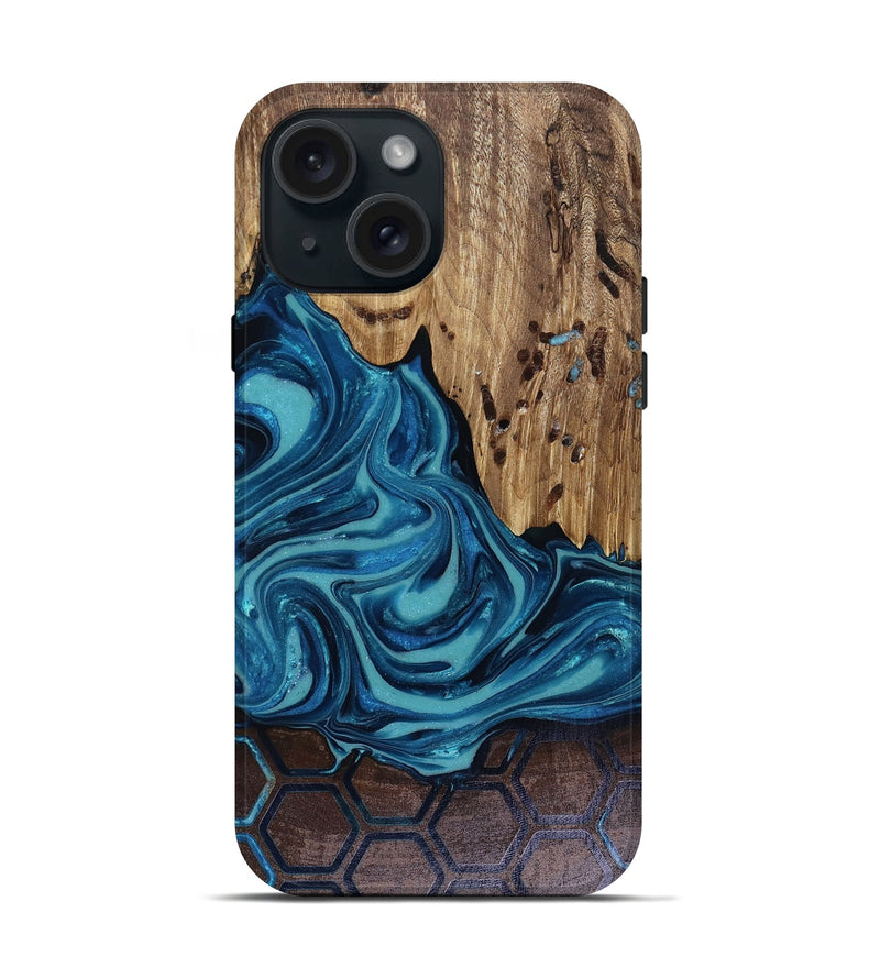 iPhone 15 Wood Live Edge Phone Case - Zelma (Blue, 817932)