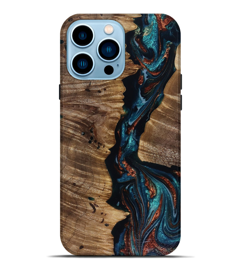 iPhone 14 Pro Max Wood Live Edge Phone Case - Amber (Teal & Gold, 817934)