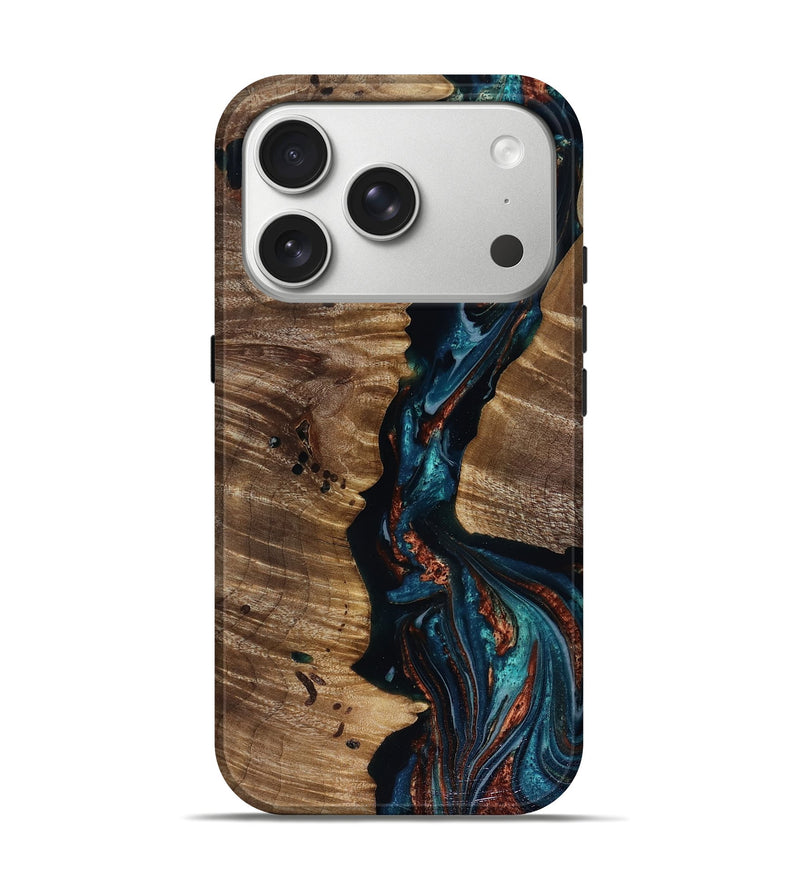 iPhone 17 Pro Wood Live Edge Phone Case - Amber (Teal & Gold, 817934)