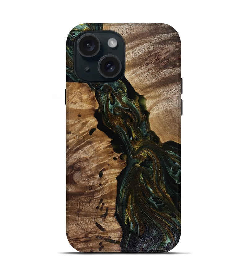 iPhone 15 Wood Live Edge Phone Case - Aries (Green, 817936)